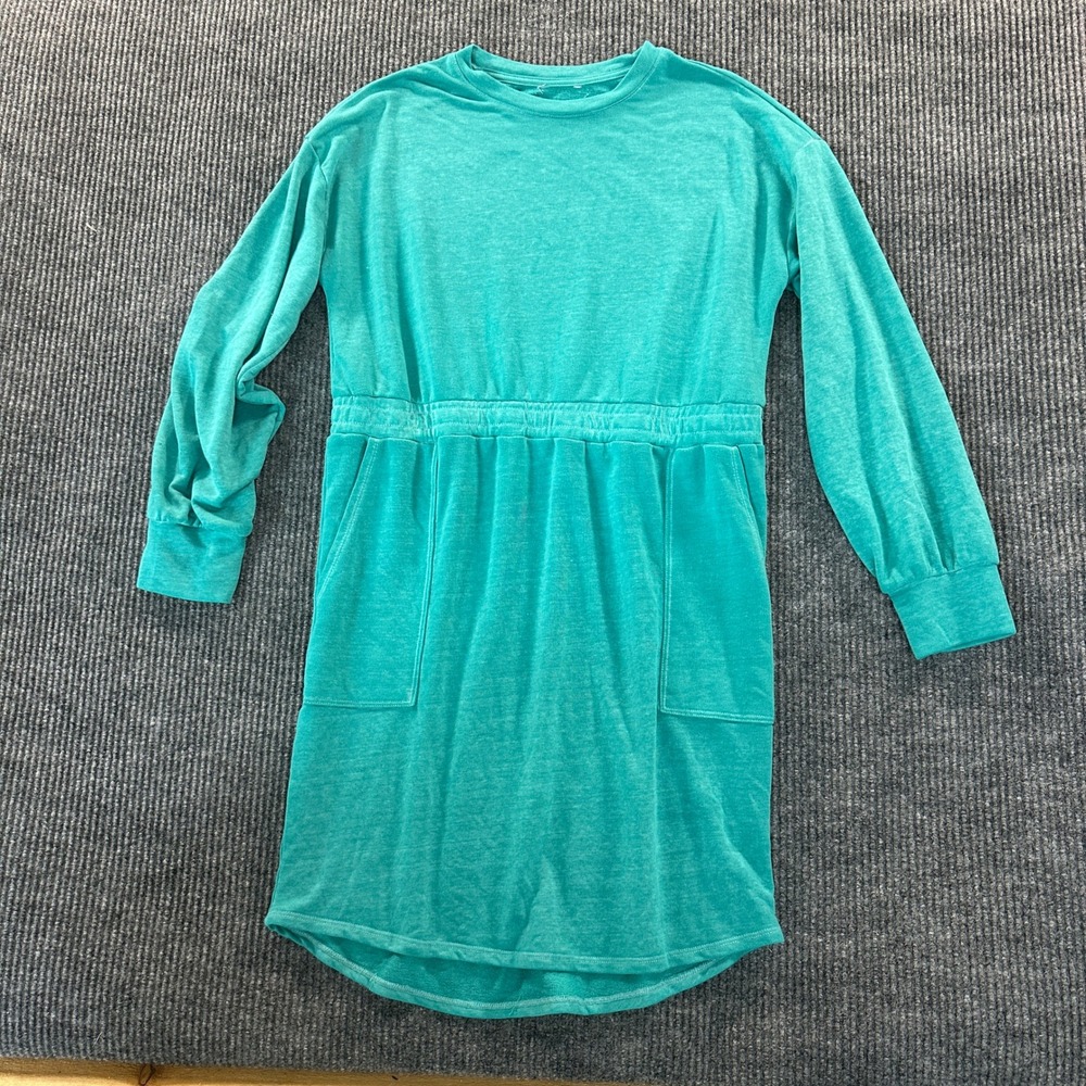 Unbranded Girls Long Sleeve Pocket Dress M Teal Cotton Blend Jersey